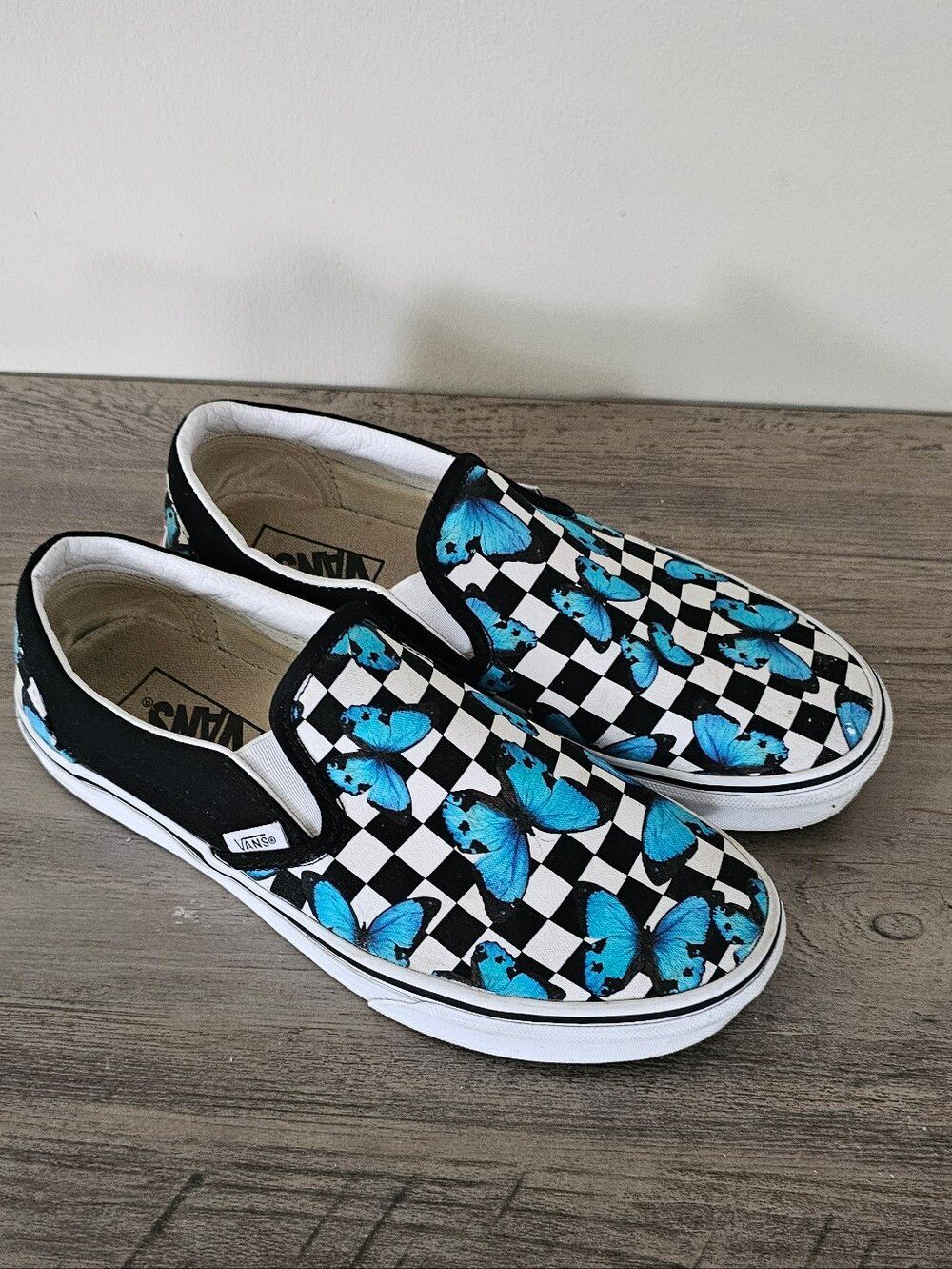 Vans Checkerboard Black Slip-On Sneakers with Blue Butterfly Women 8.5 Men 7.0